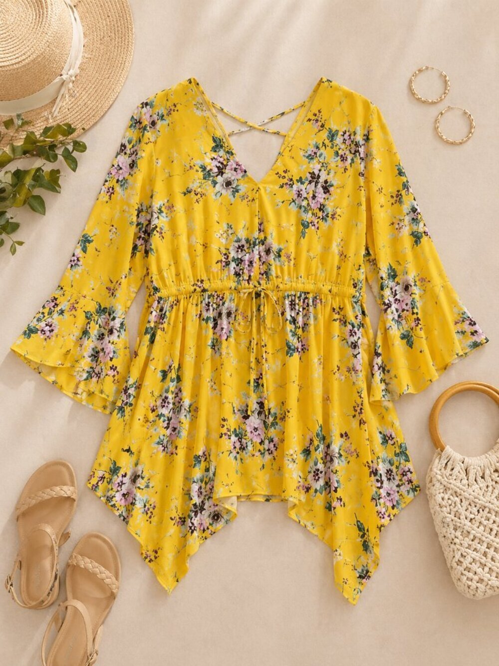 Torrid Yellow Floral Tunic Top Size 2X (18/20) Handkerchief Hem